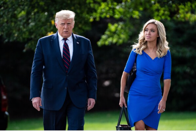 President Donald J. Trump walks with Press Secretary Kayleigh McEnany to board Marine One and depart from the South Lawn of the White House on Tuesday, Sept 15, 2020 in Washington, DC. MUST CREDIT: Washington Post photo by Jabin Botsford