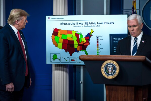 President Donald Trump and Vice President Mike Pence speak with members of the coronavirus task force during a briefing on response to the pandemic at the White House on April 16. MUST CREDIT: Washington Post photo by Jabin Botsford