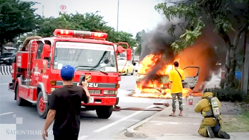 Van bursts into flames on Bangkok road Van bursts into flames on Bangkok road