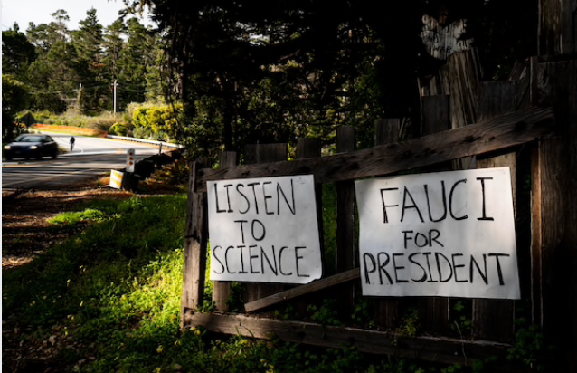 Signs referring to the politics of around the coronavirus debate greet drivers in Carmel, Calif., in March 2020. MUST CREDIT: Washington Post photo by Melina Mara
