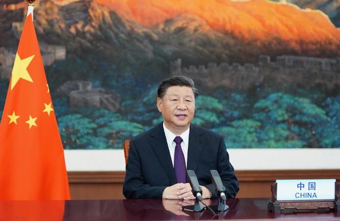 President Xi Jinping delivers a speech via video from Beijing to a high-level meeting in honor of the United Nations' 75th anniversary on Monday. [Photo/Xinhua]