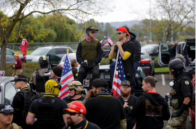Members of the Proud Boys gather at Delta Park during a rally on Saturday in Portland, Ore. Hundreds of right-leaning activists attended the event. MUST CREDIT: Washington Post photo by Joshua Lott