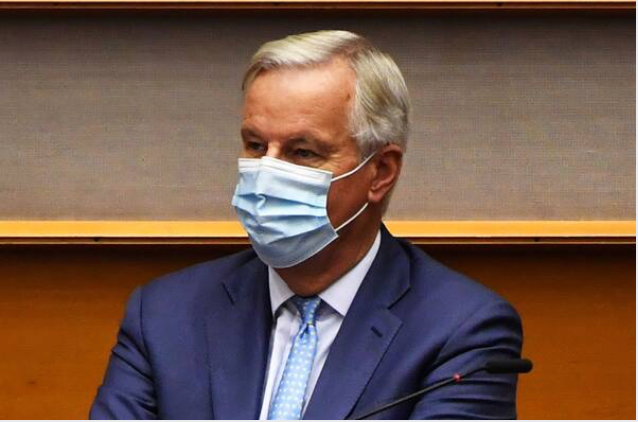 Michel Barnier, chief negotiator for the European Union (EU), wears a protective face mask in the European Parliament in Brussels on Sept. 16, 2020. MUST CREDIT: Bloomberg photo by Geert Vanden Wijngaert.