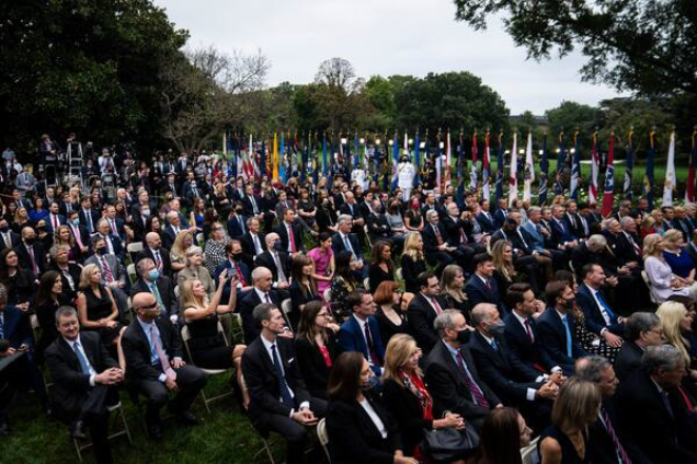 People listen as President Trump announces Judge Amy Coney Barrett as his nominee to the Supreme Court in the Rose Garden on Sept. 26. MUST CREDIT: Washington Post photo by Jabin Botsford