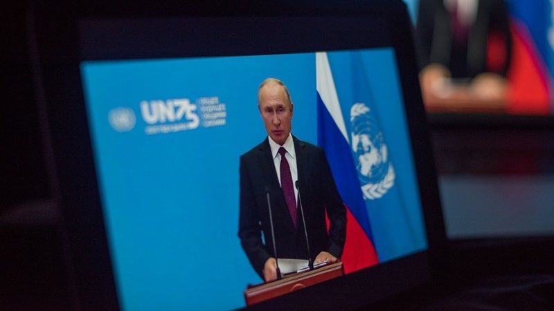 Vladimir Putin, Russia's president, is seen on a laptop computer speaking during the United Nations General Assembly on Sept. 22. 2020. MUST CREDIT: Bloomberg photo by Tiffany Hagler-Geard.