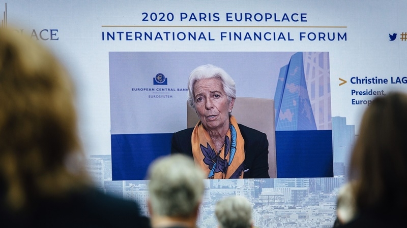 Christine Lagarde, president of the European Central Bank, is displayed on a screen during a remote address to the Europlace financial forum in Paris on Oct. 7, 2020. MUST CREDIT: Bloomberg photo by Cyril Marcilhacy.