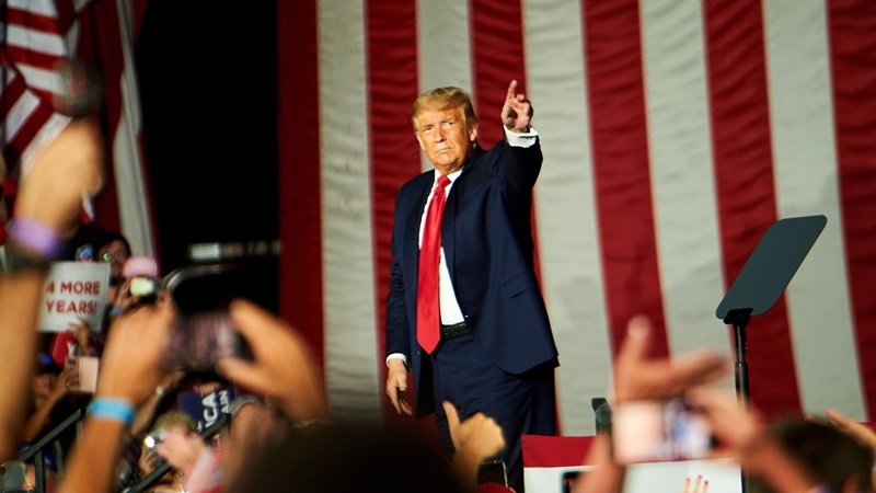 President Trump gestures during a campaign rally in Sanford, Fla., on Oct. 12, 2020. MUST CREDIT: Bloomberg photo by Zack Wittman.