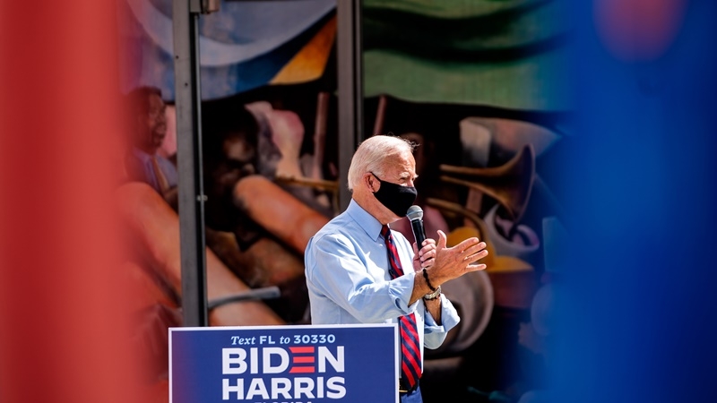 Democratic presidential nominee Joe Biden speaks at the Little Haiti Cultural Complex in Florida on Oct. 5. MUST CREDIT: Washington Post photo by Demetrius Freeman