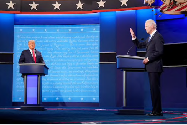 President Donald Trump and Democratic presidential candidate Joe Biden participate in the final presidential debate on the campus of Belmont University on Oct. 22, 2020, in Nashville, Tenn. MUST CREDIT: Washington Post photo by Jabin Botsford
