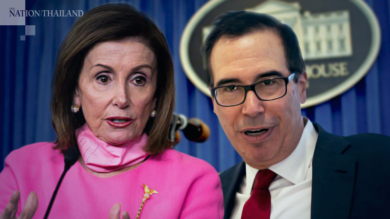 Left: Nancy Pelosi. Right: Steven Mnuchin