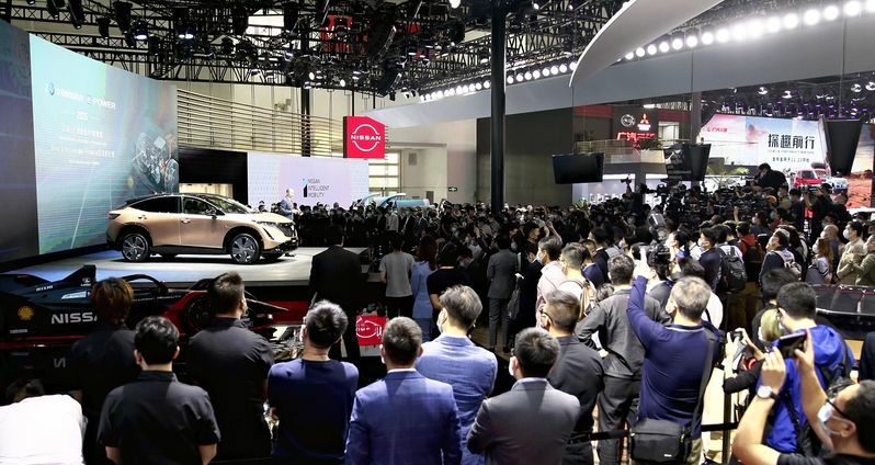 Nissan unveils its electric vehicle Ariya at the Beijing Motor Show in Beijing on Sept. 26. (Yomiuri Shimbun file photo)