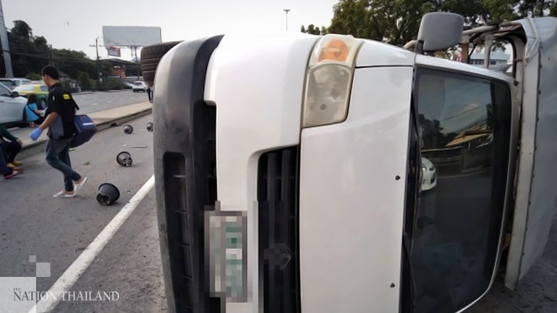 Three labourers crushed by truck after pickup carrying them overturns Three labourers crushed by truck after pickup carrying them overturns
