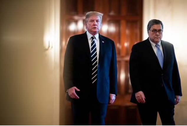 Attorney General William Barr joins President Donald Trump for a White House ceremony last year. MUST CREDIT: Washington Post photo by Jabin Botsford
