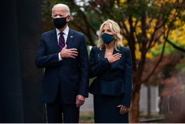 President-elect Joe Biden and his wife, Jill Biden, make a Veterans Day stop at the Korean War Memorial Park in Philadelphia on Nov. 11. MUST CREDIT: Washington Post photo by Demetrius Freeman
