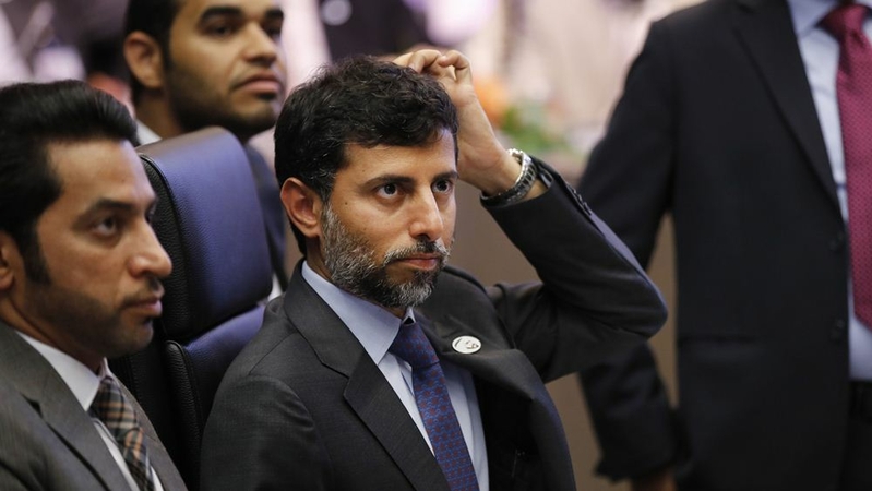 Suhail Al Mazrouei, United Arab Emirates' energy minister, center, pauses as he speaks to reporters ahead of the 176th Organization Of Petroleum Exporting Countries (OPEC) meeting in Vienna on July 1, 2019. MUST CREDIT: Bloomberg photo by Stefan Wermuth.