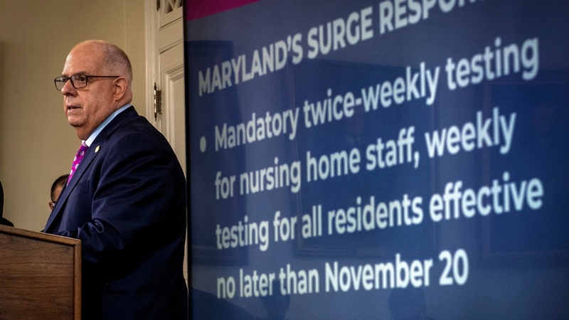 Maryland Gov. Larry Hogan holds a news conference Nov. 17 to discuss the state's response to the coronavirus pandemic. MUST CREDIT: Washington Post photo by Bill O'Leary