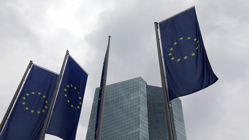 European Union flags fly outside the European Central Bank headquarters in Frankfurt, Germany, on July 16, 2020. MUST CREDIT: Bloomberg photo by Alex Kraus.