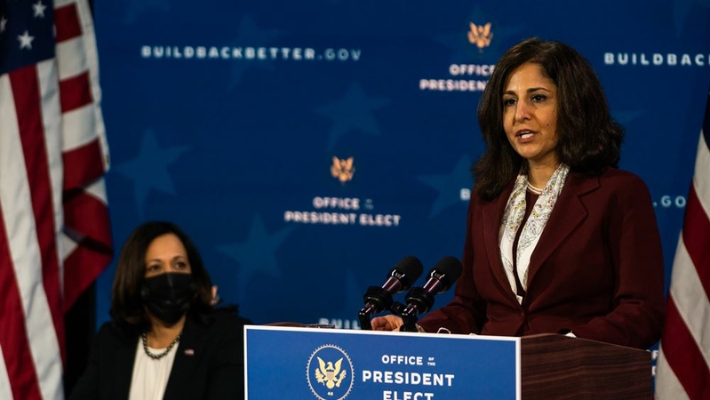 Neera Tanden, President-elect Joe Biden's pick to lead the Office of Management and Budget, speaks last week in Wilmington, Del. MUST CREDIT: Washington Post photo by Demetrius Freeman
