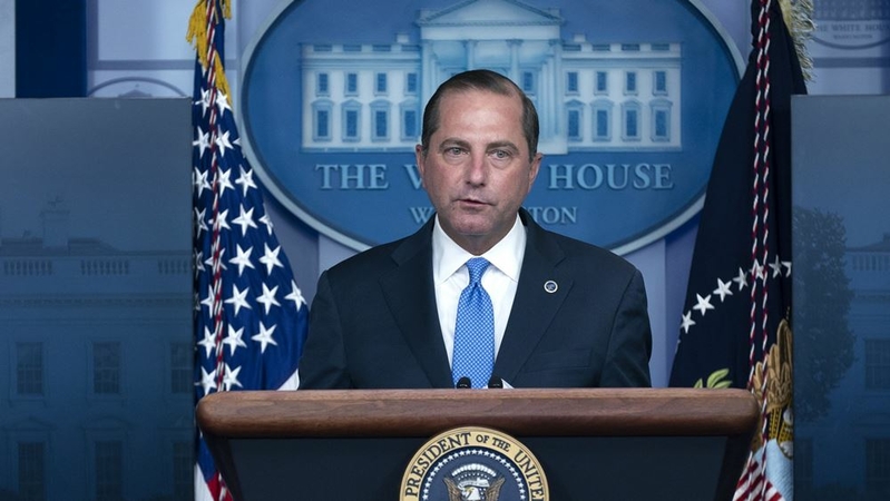 Alex Azar, secretary of Health and Human Services, during a news conference at the White House in Washington on Aug. 23, 2020. MUST CREDIT: Bloomberg photo by Stefani Reynolds.