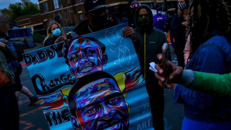 People gather to memorialize George Floyd in Minneapolis on Oct. 14, 2020. MUST CREDIT: Washington Post photo by Joshua Lott