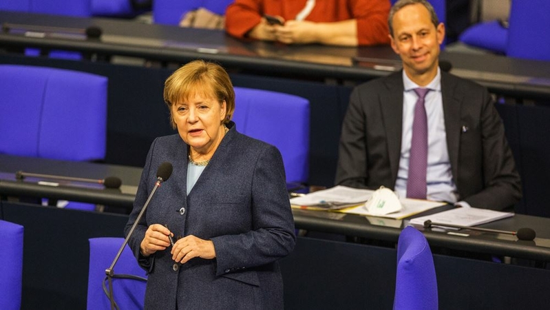 German Chancellor Angela Merkel in the Bundestag in Berlin, on Dec. 16., 2020. MUST CREDIT: Bloomberg photo by Rolf Schulten.