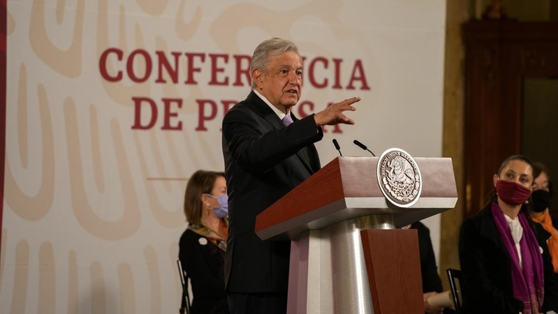 Mexican President Andres Manuel Lopez Obrador speaks during a news conference at the National Palace in Mexico City on Nov. 25, 2020, with mayor Claudia Sheinbaum seated on the right. MUST CREDIT: Bloomberg photo by Alejandro Cegarra.