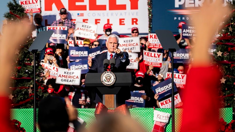 Vice President Pence addresses the crowd at a rally for Sens. Kelly Loeffler and David Perdue in Augusta, Ga. MUST CREDIT: Washington Post photo by Melina Mara