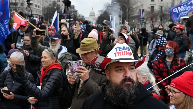 Supporters of President Donald Trump gather at Freedom Plaza on Tuesday. MUST CREDIT: Washington Post photo by Matt McClain.