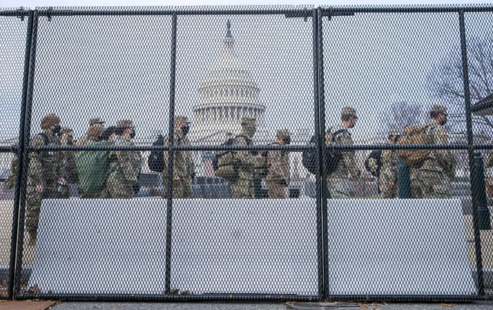 Members of the National Guard outside the U.S. Capitol on Jan. 11. (Sarah Silbiger/Bloomberg News)