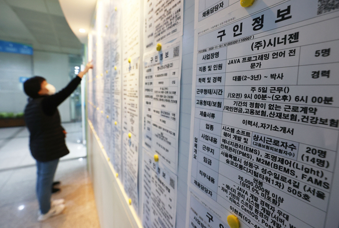 
The file photo taken on Nov. 11, 2020, shows a citizen looking at job information at an employment arrangement center in Seoul. (Yonhap)