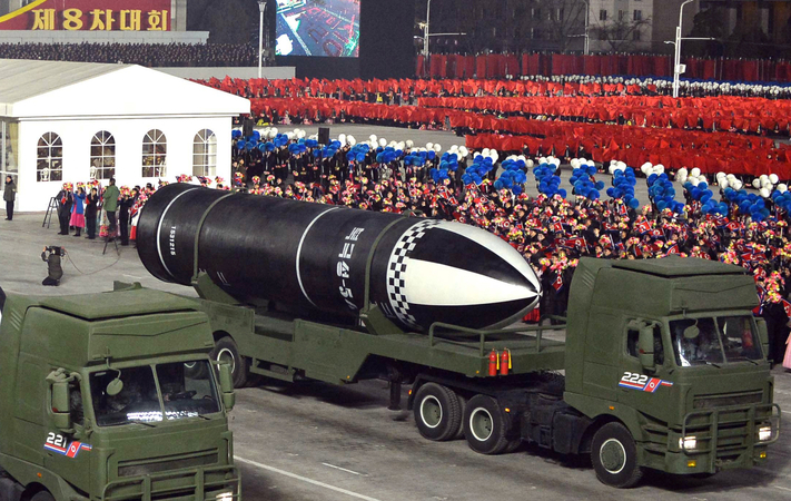 This photo released by North Korea's Korean Central News Agency shows submarine-launched ballistic missiles displayed during a military parade held in Pyongyang on Friday. (KCNA-Yonhap)