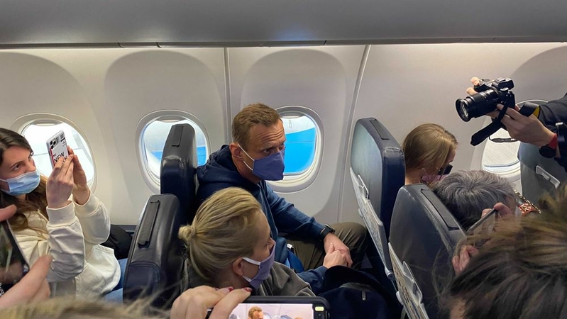 Alexei Navalny returns to Mosocow after recovering in Germany from a near-fatal nerve agent poisoning. MUST CREDIT: Washington Post photo by Loveday Morris