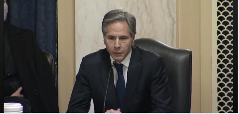 This image captured from the website of the Senate Foreign Relations Committee shows US President-elect Joe Biden's pick for secretary of state, Antony Blinken, speaking during his senate confirmation hearing in Washington on Tuesday. (Senate Foreign Relations Committee)