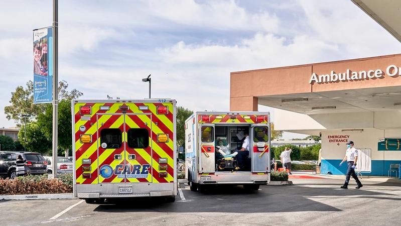Ambulances outside Emanate Health Queen of the Valley Hospital in West Covina, Calif., on Jan. 12. MUST CREDIT: photo for The Washington Post by Philip Cheung.