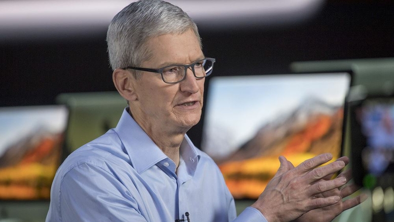 Tim Cook, chief executive officer of Apple Inc., speaks during a Bloomberg Technology television interview in San Jose, Calif., on June 5, 2017. MUST CREDIT: Bloomberg photo by David Paul Morris.