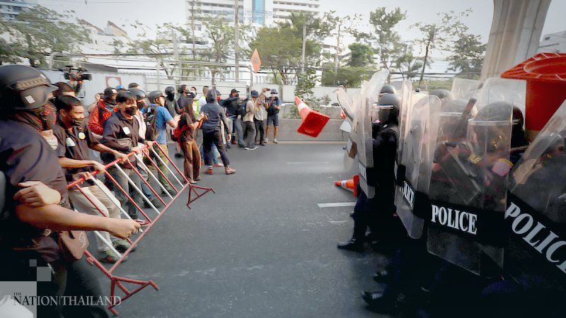 Bangkok riot police clash with anti-coup protesters outside Myanmar Embassy Bangkok riot police clash with anti-coup protesters outside Myanmar Embassy
