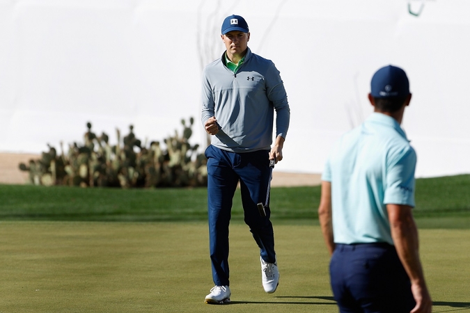 Jordan Spieth celebrates a birdie at the Waste Management Phoenix Open on Saturday. (Photo credit to Credit Getty Images)