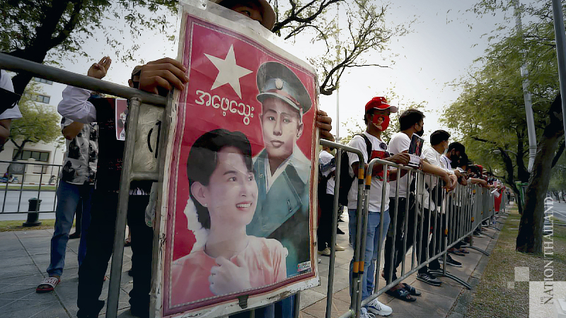 Myanmar citizens in Thailand protest coup at home