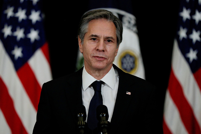 U.S. Secretary of State Antony Blinken speaks at the State Department on Thursday. (Tom Brenner/ Reuters)