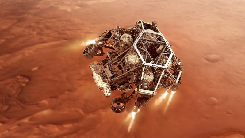 NASA's Perseverance rover fires up its descent stage engines as it nears the Martian surface in this illustration. MUST CREDIT: NASA illustration handout