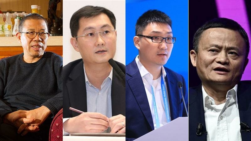 This combo photo shows China's four richest persons. From left: Zhong Shanshan, founder of Nongfu Spring, Tencent CEO Pony Ma Huateng, Pinduoduo CEO Huang Zheng and Jack Ma, founder of Alibaba. 