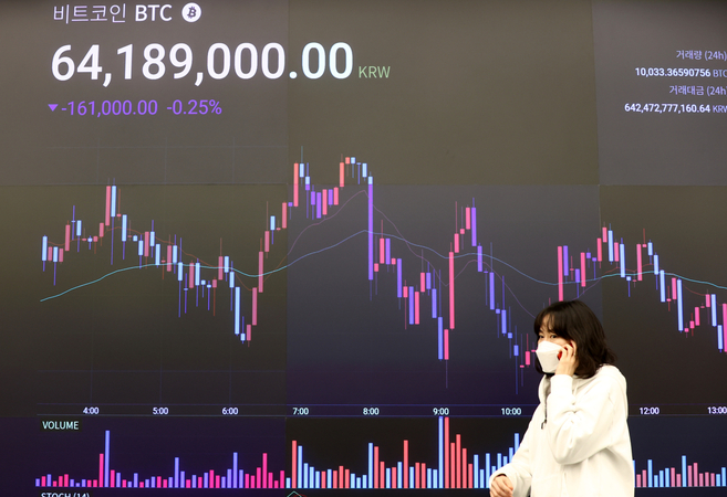 A woman walks past the electronic board of a cryptocurrency exchange in Seoul on March 11. (Yonhap)