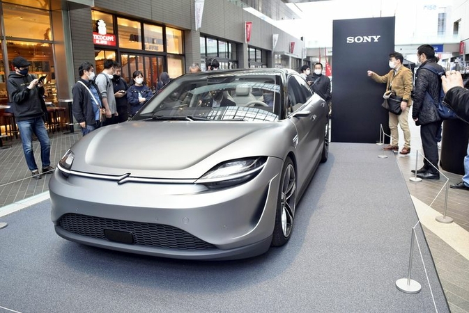 Sony’s VISION-S prototype vehicle is seen in Setagaya Ward, Tokyo, on Sunday. (The Yomiuri Shimbun)