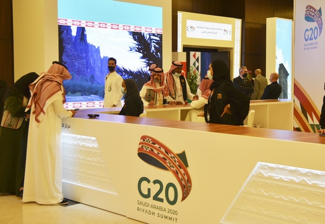 File photo taken on Nov 19, 2020 shows the media center of the Group of 20 (G20) in Riyadh, Saudi Arabia. [Photo/Xinhua] 