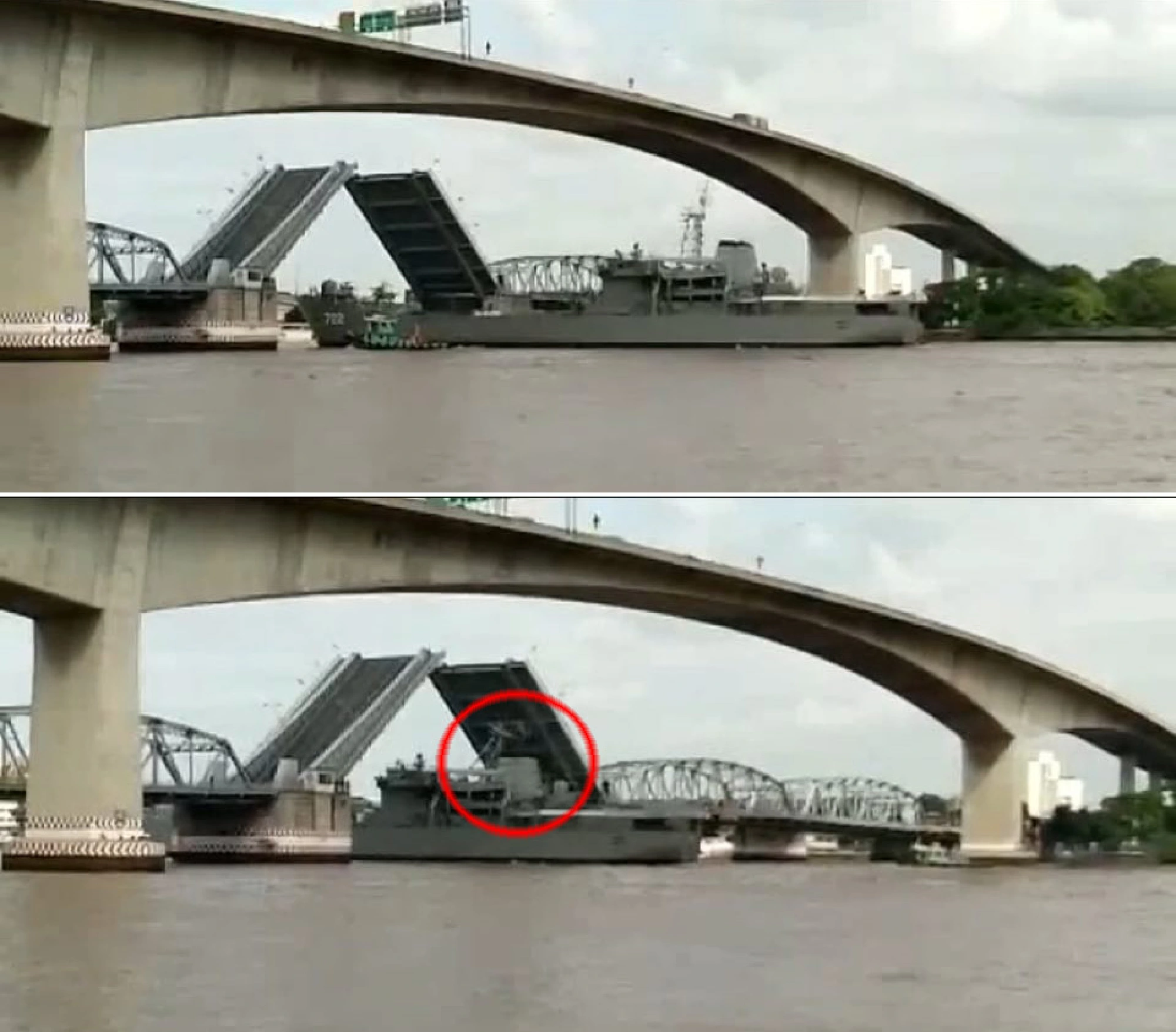 Navy ship hits drawbridge, mast loose