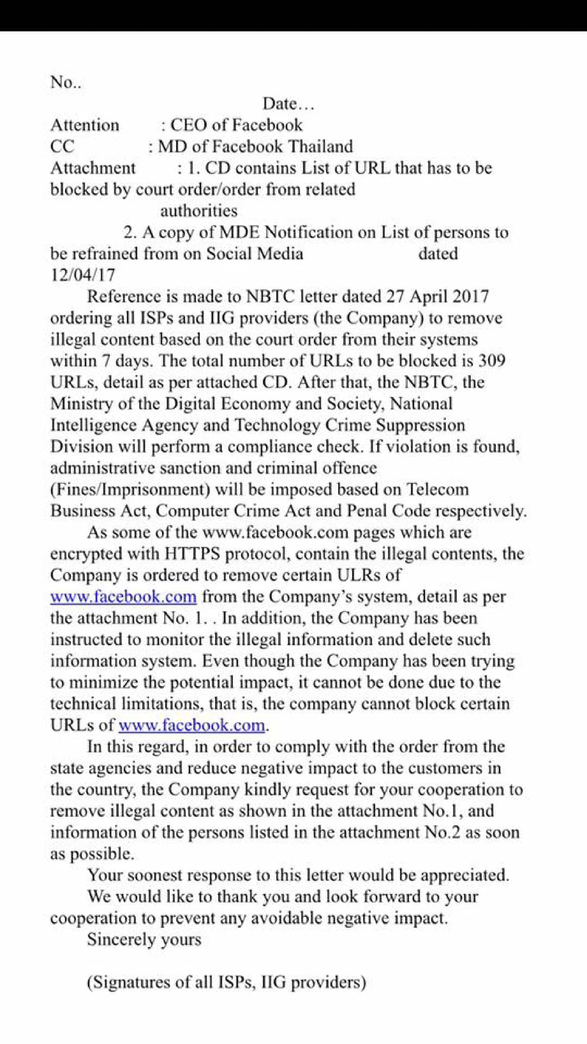Facebook to consider removing illegal content in Thailand