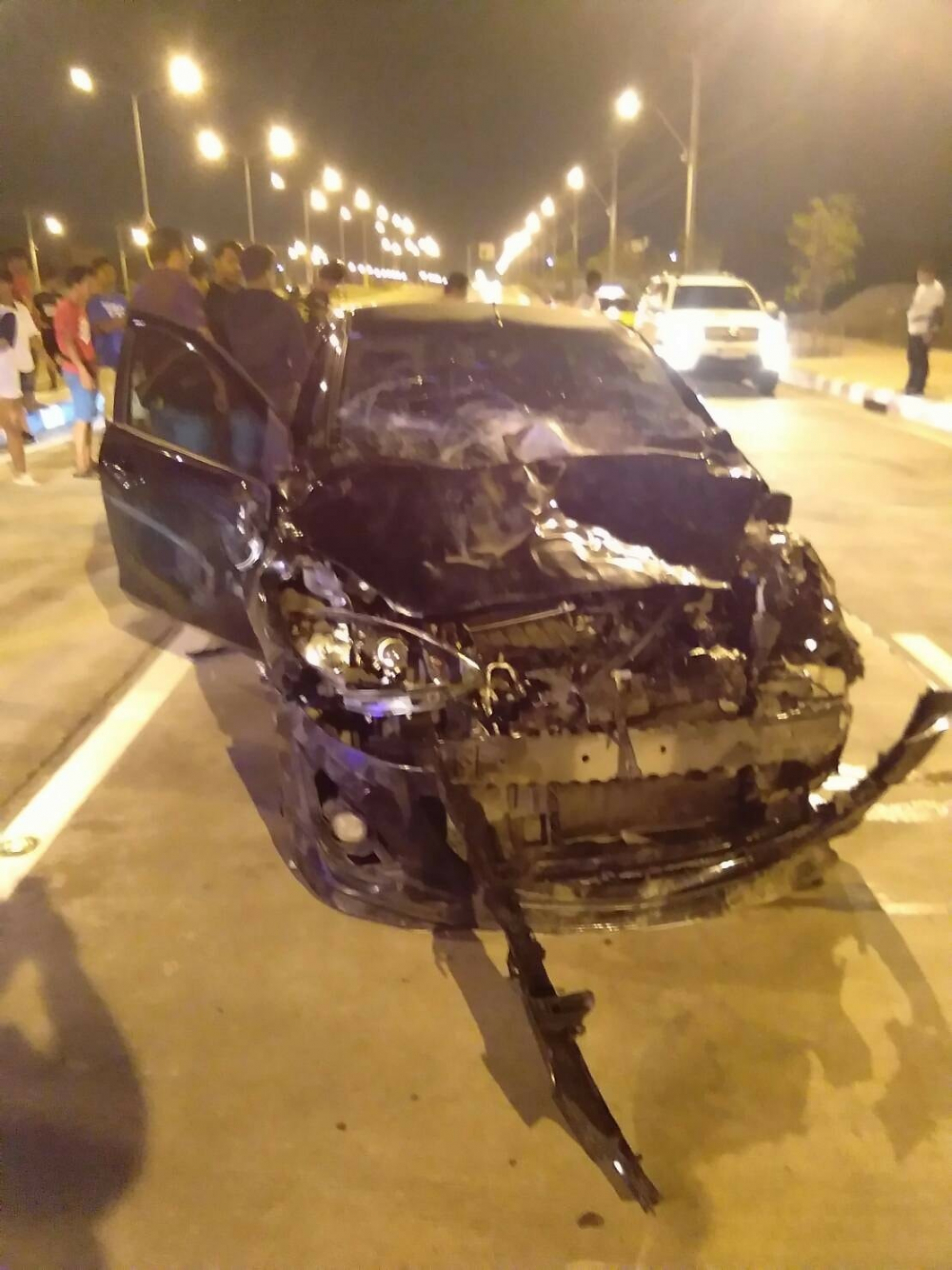 Two buffaloes hit, injured by car on Bangkok roadside