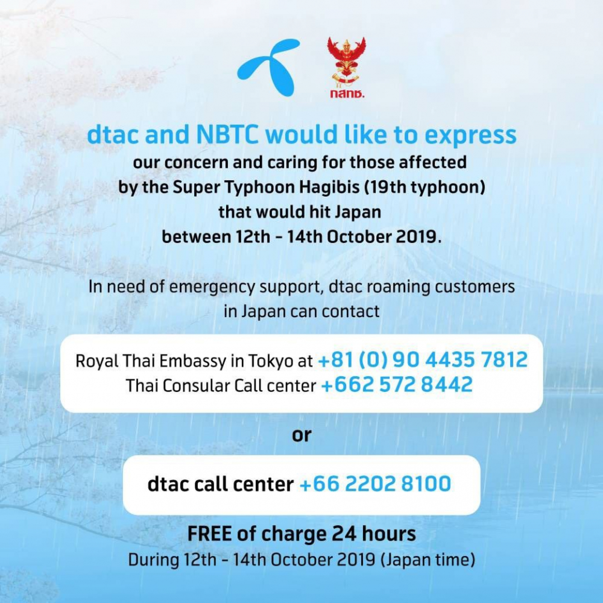 Free calls for assistance as Hagibis hits Japan