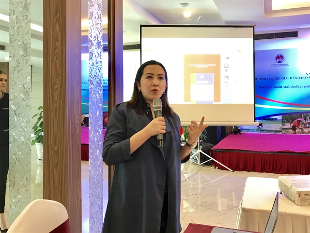 Intani Nur Kusuma, senior officer at the Disaster Management and Humanitarian Assistance Division, speaks at the Building Resilience Drought Southeast Asia dialogue held yesterday in Cần Thơ. VNS Photo Bồ Xuân Hiệp