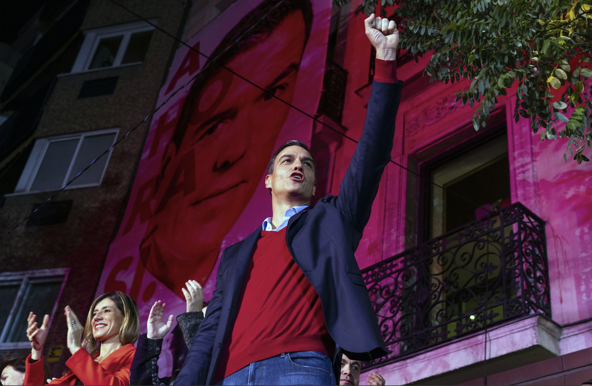 Pedro Sanchez, Spain's prime minister waves to supporters while celebrating at Socialist party headquarters in Madrid on Nov. 10, 2019. MUST CREDIT: Bloomberg photo by Angel Navarrete.